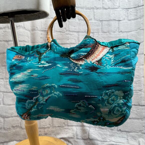 VTG Marlin Tropical Hawaiian Beaded Tote Handbag Purse Swordfish Bamboo Handles - Picture 4 of 16